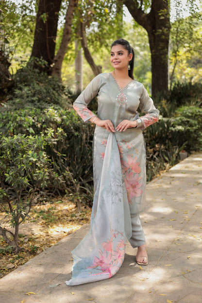 Shiny Silver floral printed Kurta with handwork on Neck along with Pants & Dupatta 3pc set