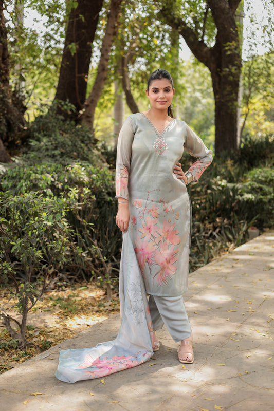 Shiny Silver floral printed Kurta with handwork on Neck along with Pants & Dupatta 3pc set