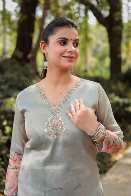 Shiny Silver floral printed Kurta with handwork on Neck along with Pants & Dupatta 3pc set