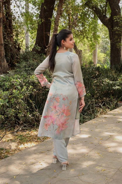 Shiny Silver floral printed Kurta with handwork on Neck along with Pants & Dupatta 3pc set