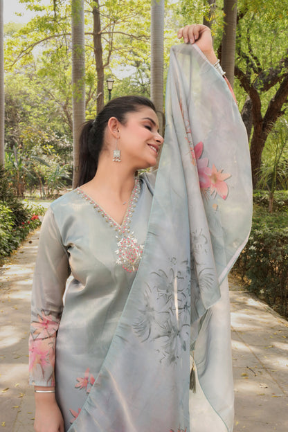 Shiny Silver floral printed Kurta with handwork on Neck along with Pants & Dupatta 3pc set