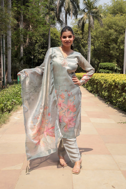 Shiny Silver floral printed Kurta with handwork on Neck along with Pants & Dupatta 3pc set