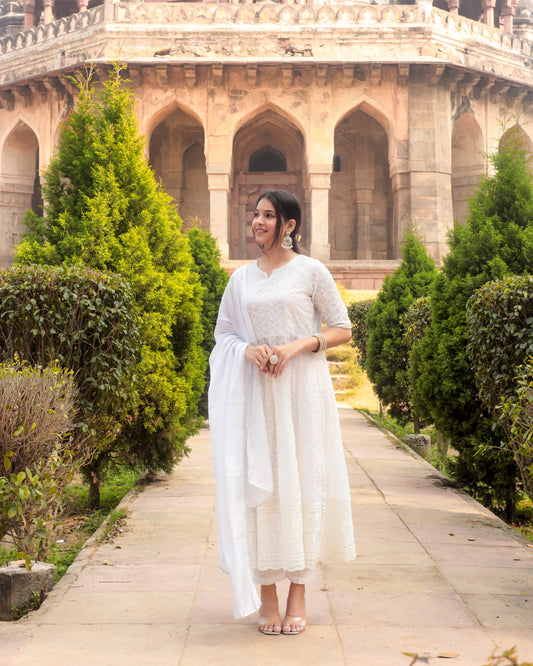 Elegant White Chikankari Gown suit set with dupatta, 2 pc (pant not included),TK165