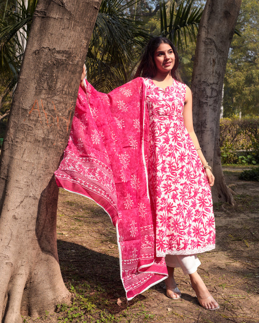 Pink sleeveless cotton printed suit set with dupatta, 3pc, TK171