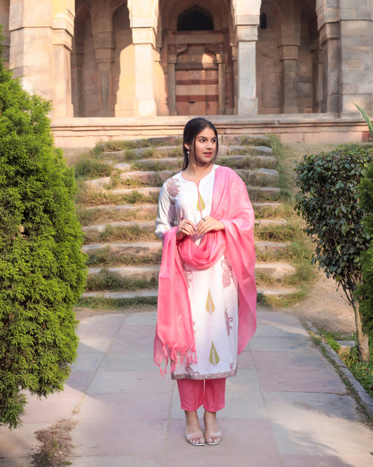 White & Pink printed Viscose suit set with dupatta, 3pc, TK168