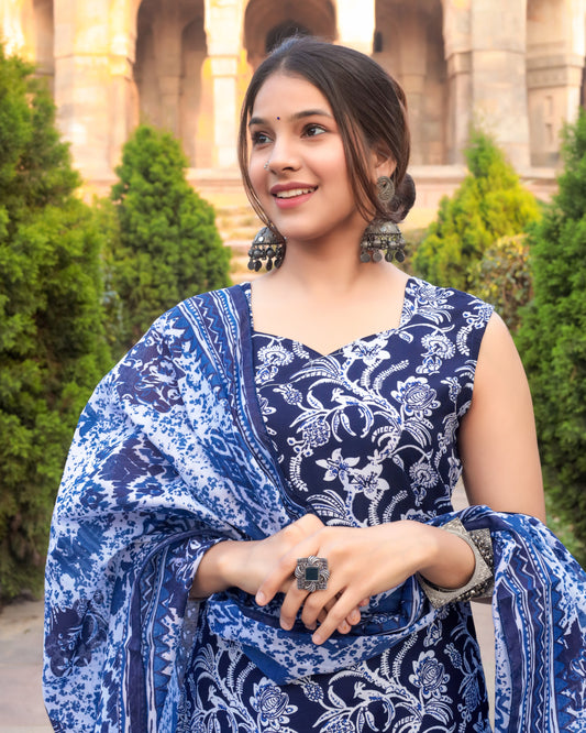 Navy Blue Sleeveless Cotton Printed Suit Set with dupatta, 3pc, TK194