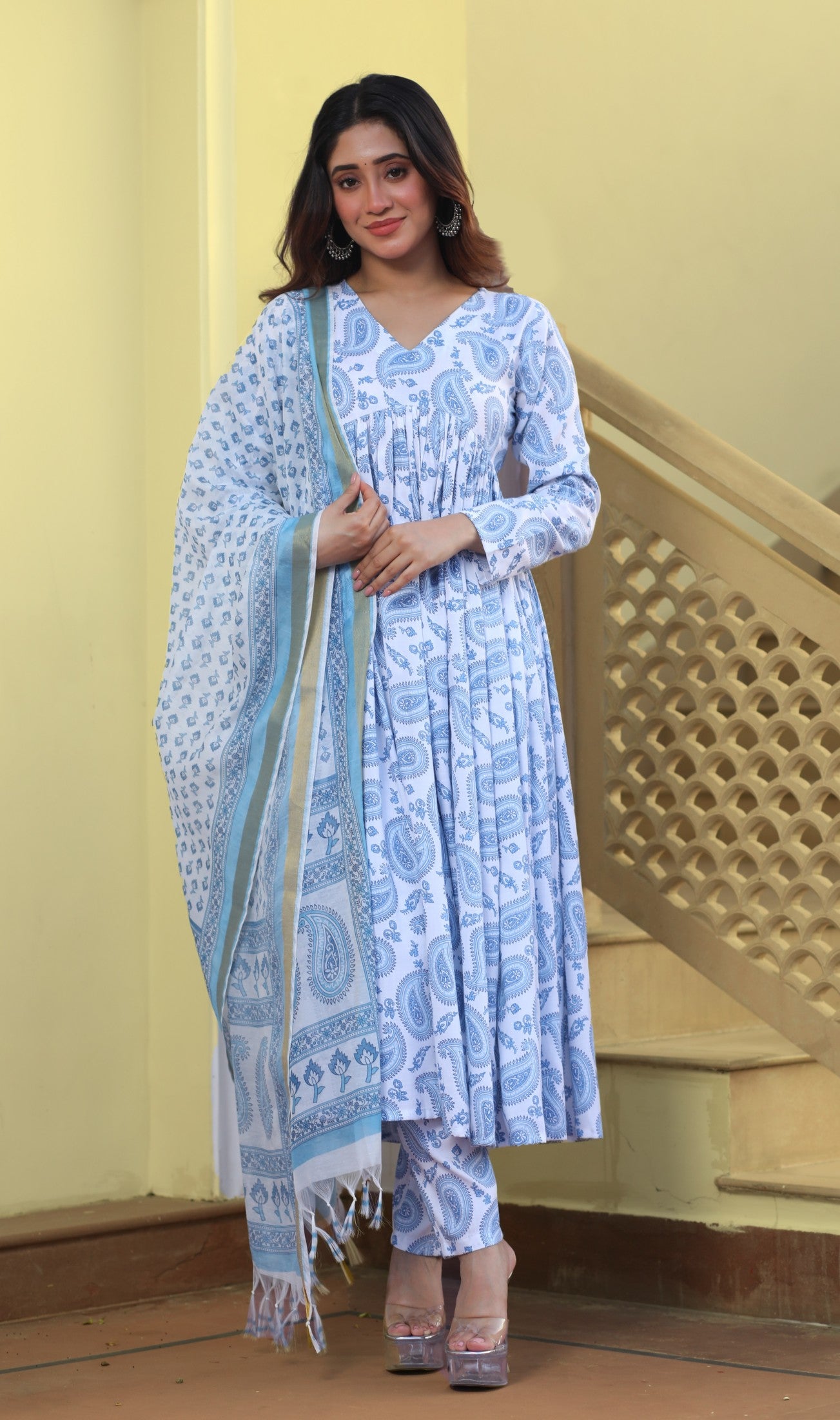 Women's  Cotton Blend Printed Kurta with Pants & Dupatta- 3pc set, TK095