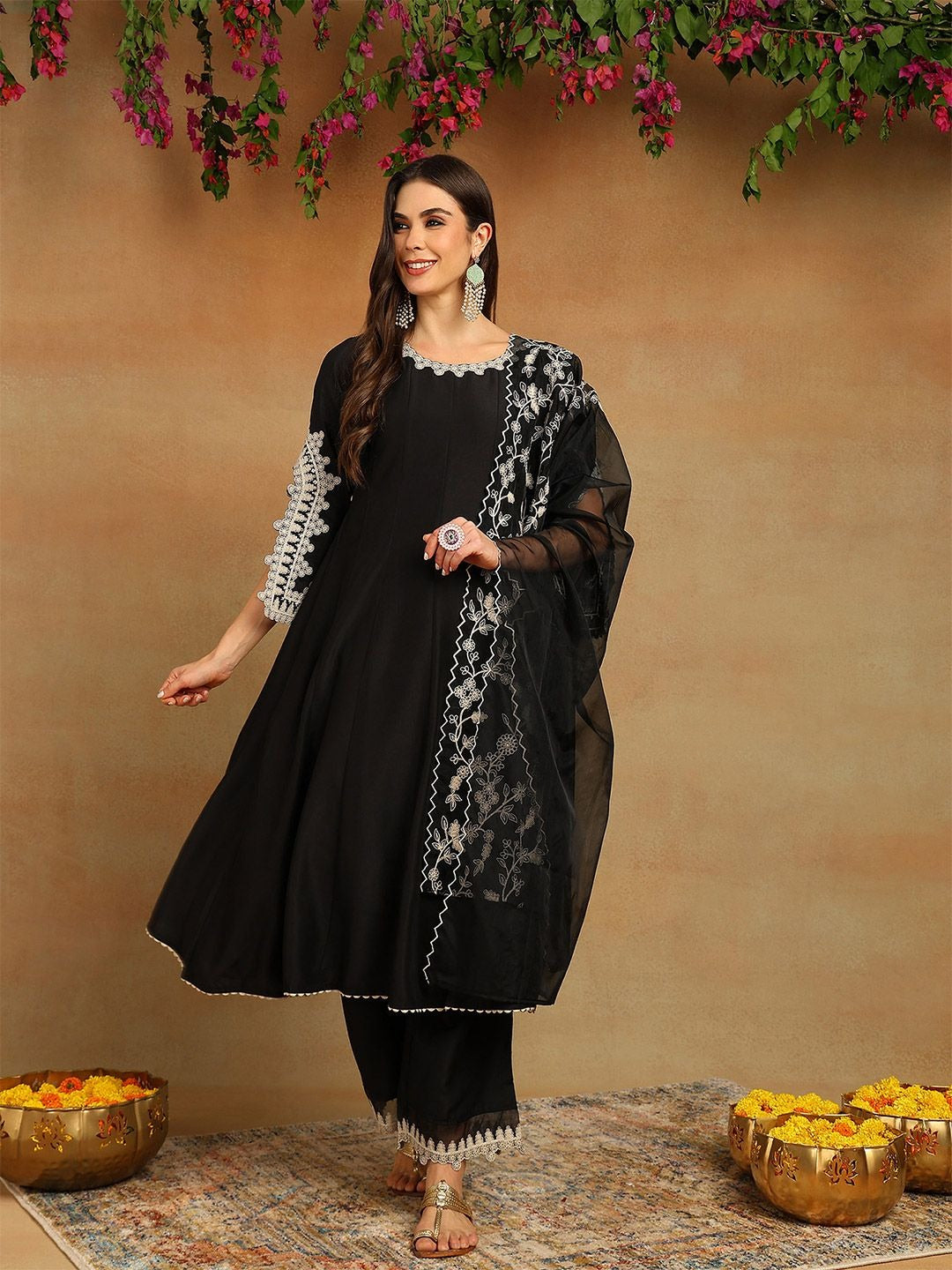 Designer Silk Blend Solid Embroidered Anarkali Suit Set