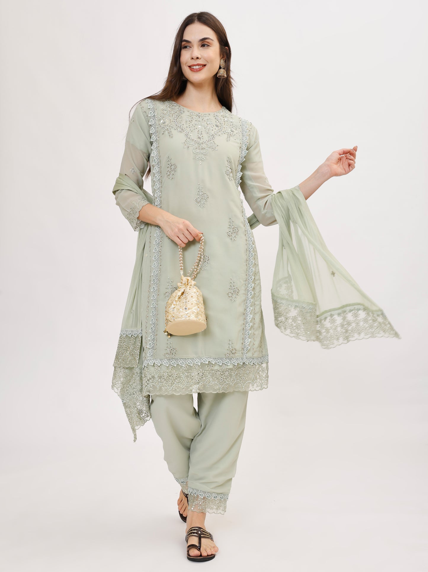 Premium Georgette fabric suit set with embroidery - Green, TK128