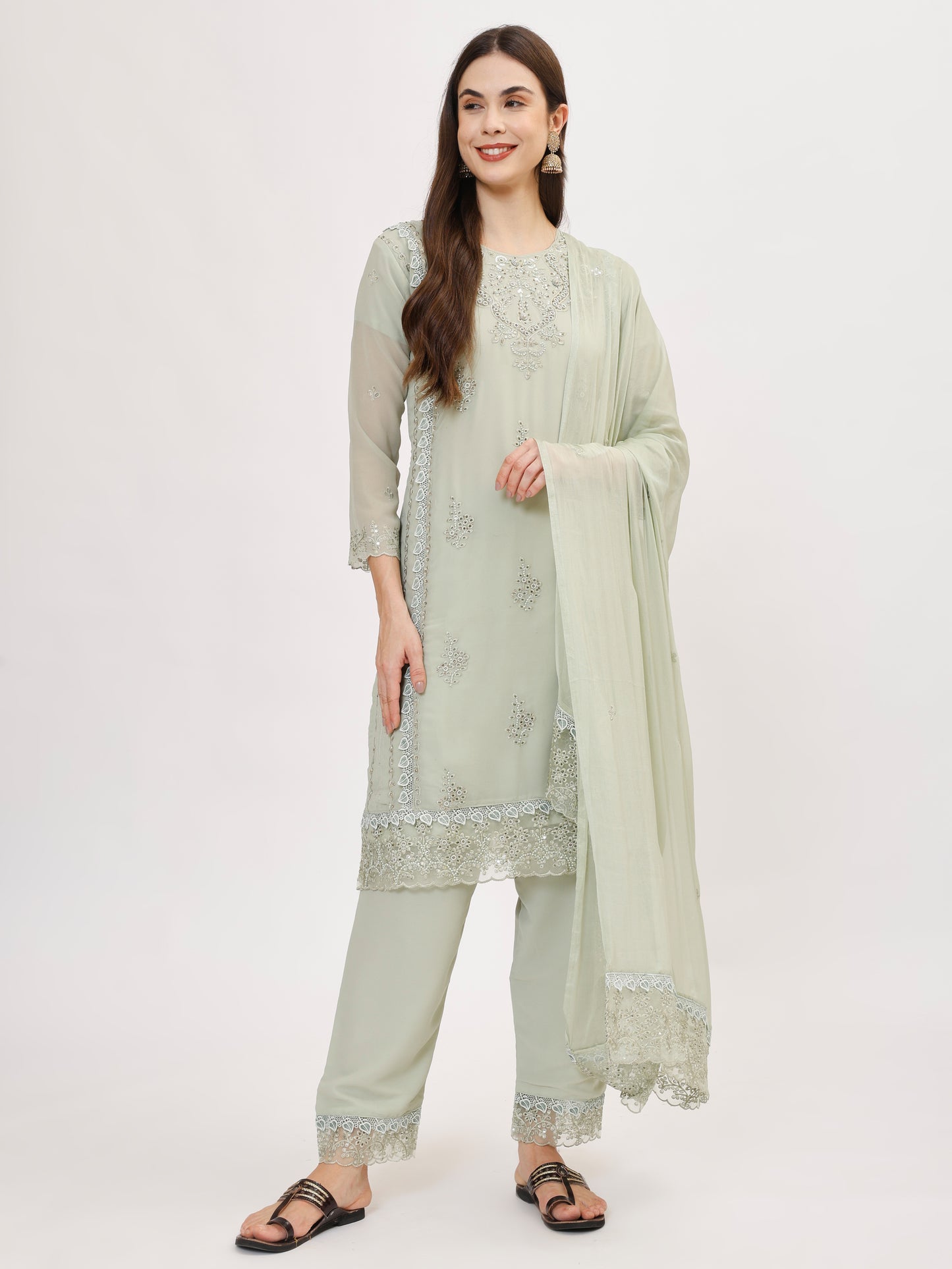 Premium Georgette fabric suit set with embroidery - Green, TK128