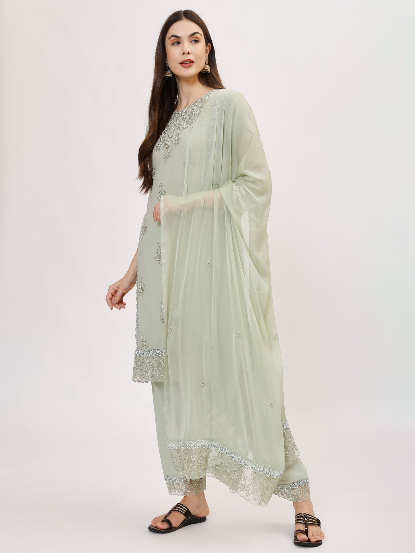 Premium Georgette fabric suit set with embroidery - Green, TK128