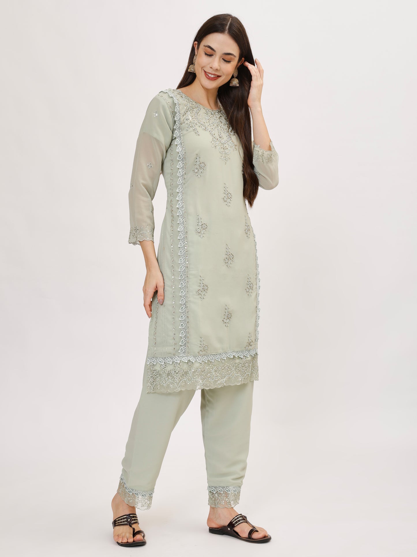 Premium Georgette fabric suit set with embroidery - Green, TK128