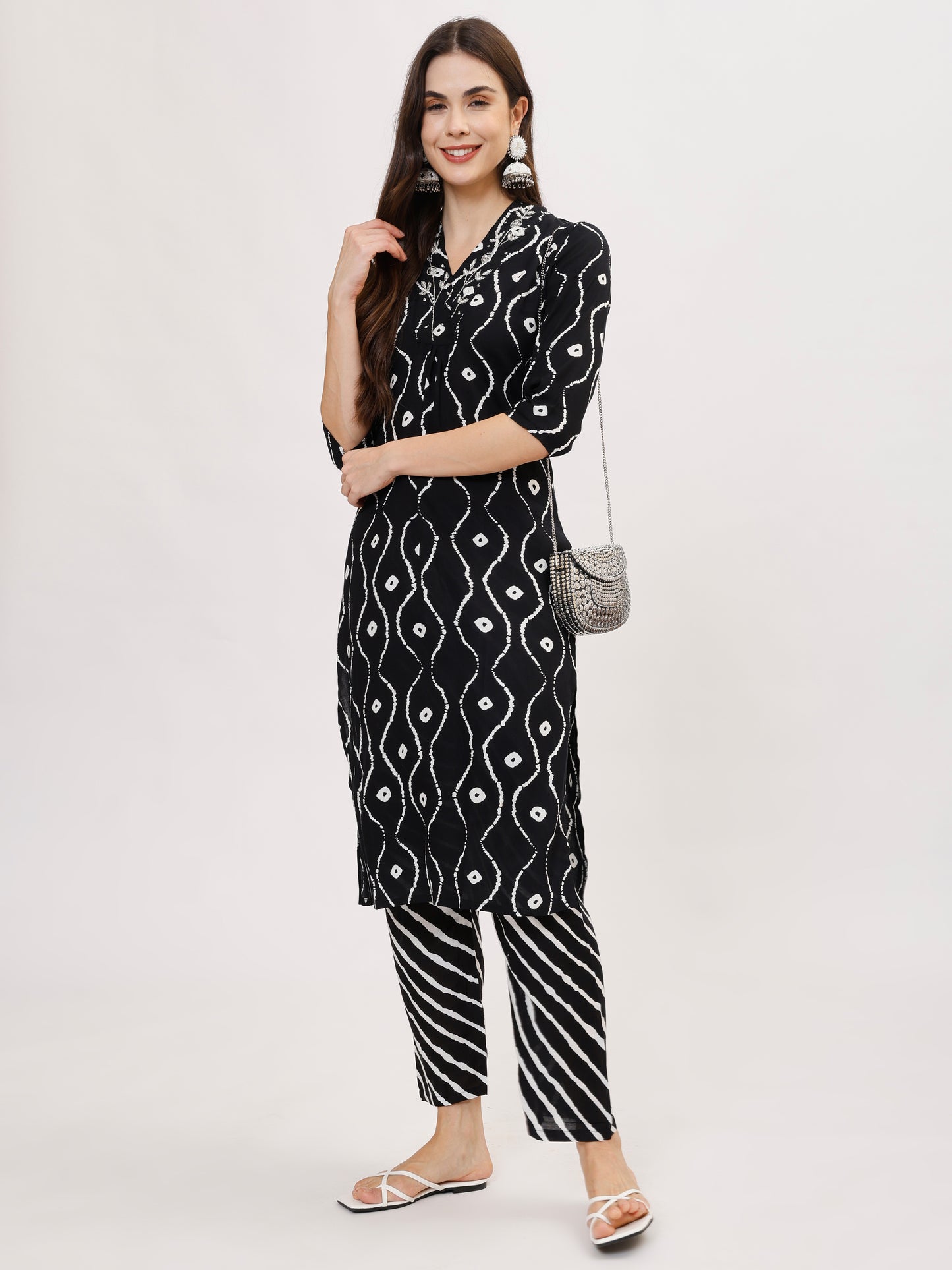 Black Heavy Rayon Co-ord set with Hand Adda work on yoke, 2pc