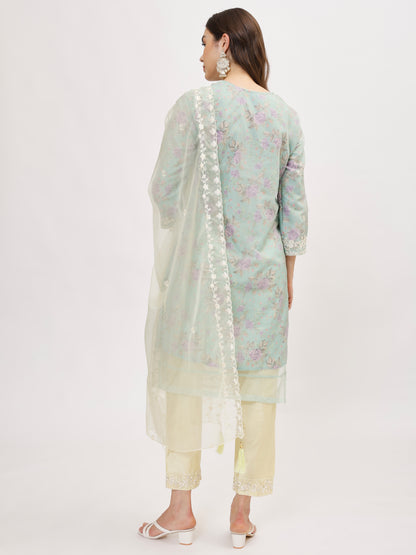 Designer organza fabric suit set with Hand Work Emboridery - Lemon Yellow, TK104
