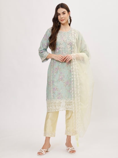 Designer organza fabric suit set with Hand Work Emboridery - Lemon Yellow, TK104