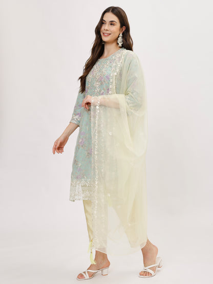 Designer organza fabric suit set with Hand Work Emboridery - Lemon Yellow, TK104