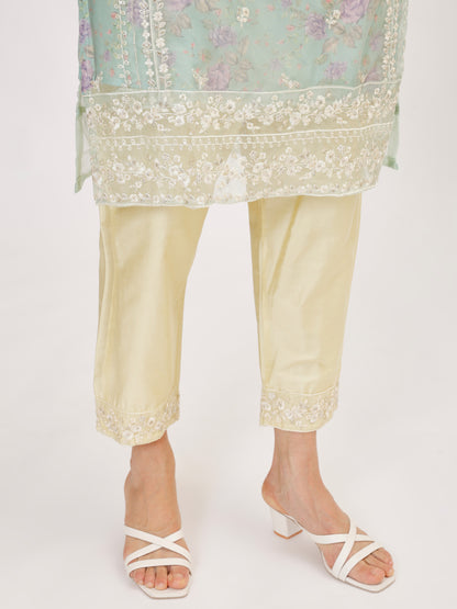 Designer organza fabric suit set with Hand Work Emboridery - Lemon Yellow, TK104