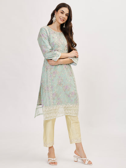 Designer organza fabric suit set with Hand Work Emboridery - Lemon Yellow, TK104