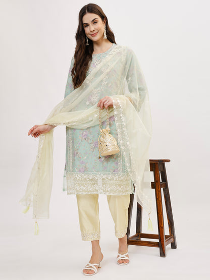 Designer organza fabric suit set with Hand Work Emboridery - Lemon Yellow, TK104