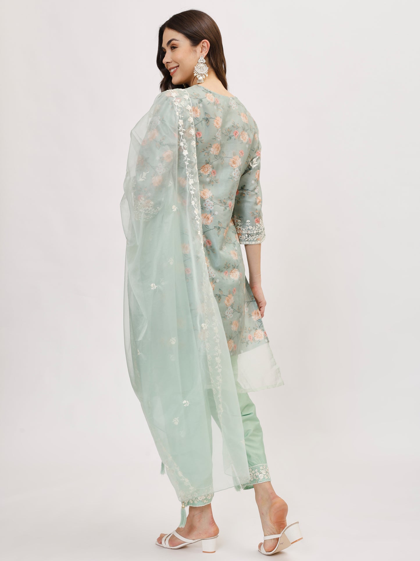 Designer organza fabric suit set with Hand Work Emboridery - Mint, TK125