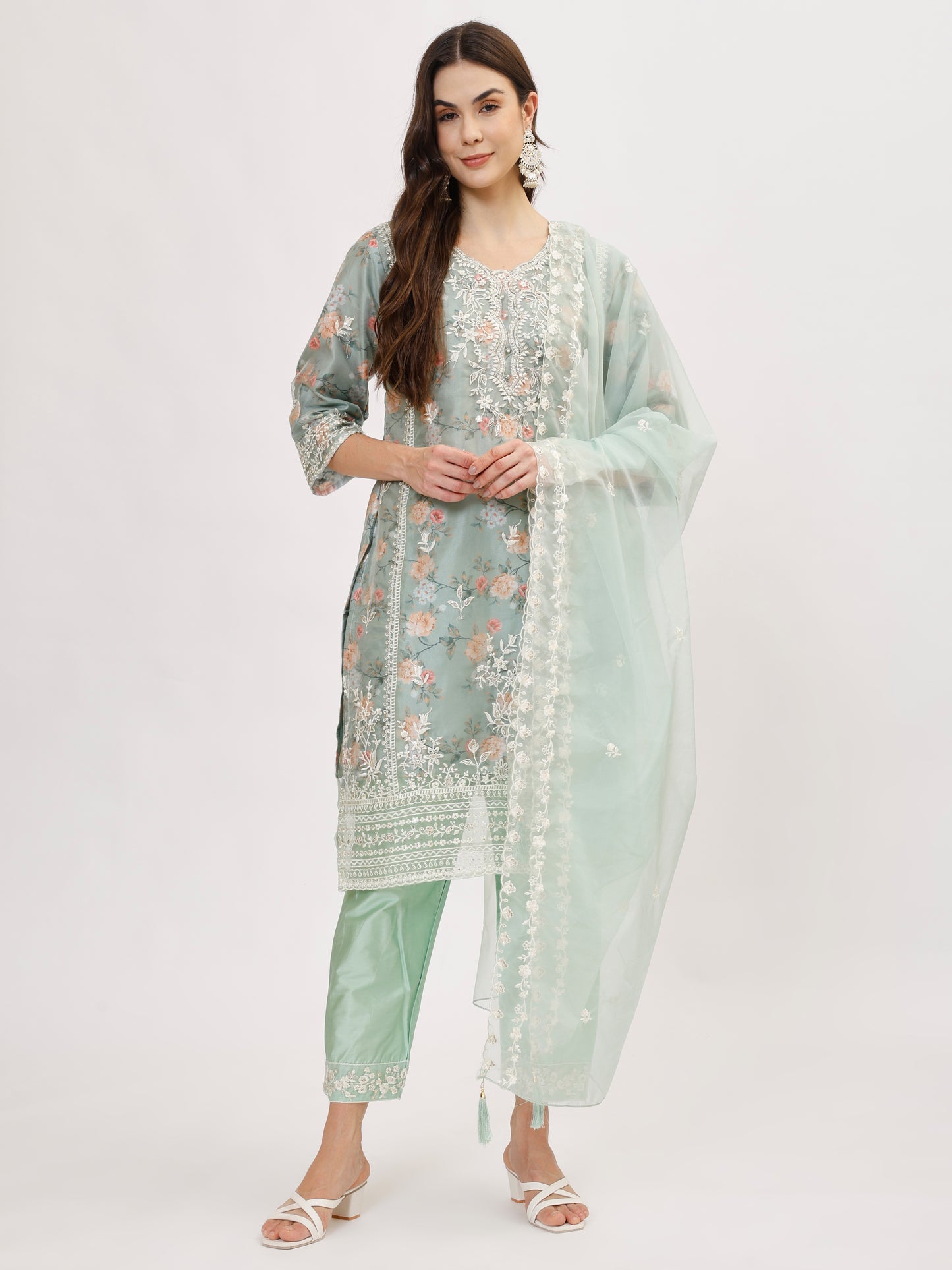 Designer organza fabric suit set with Hand Work Emboridery - Mint, TK125