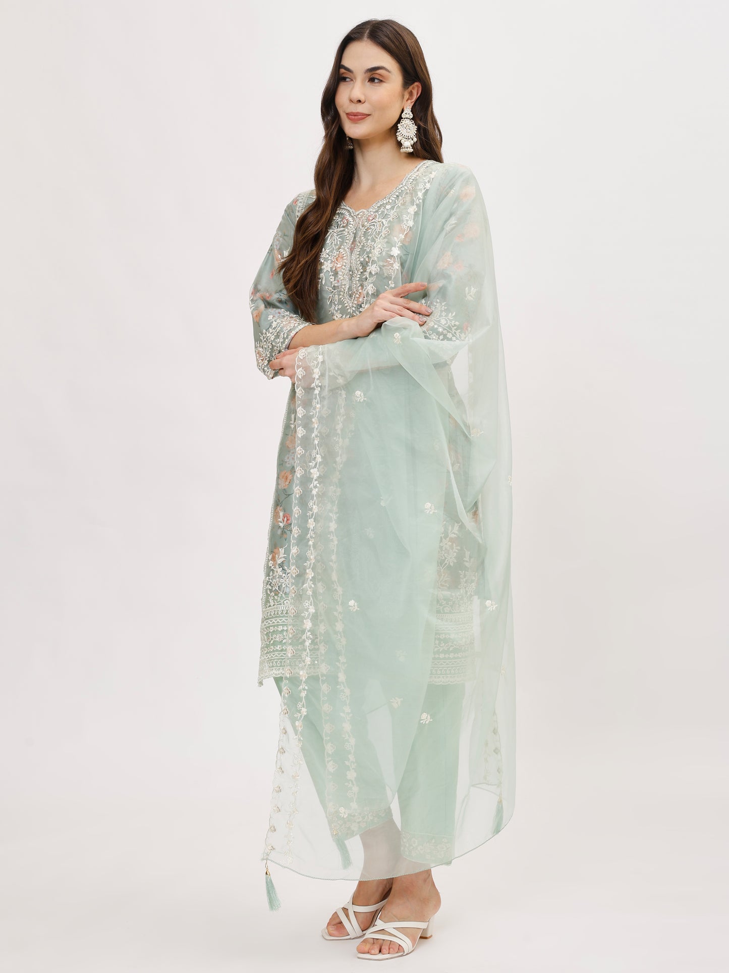 Designer organza fabric suit set with Hand Work Emboridery - Mint, TK125