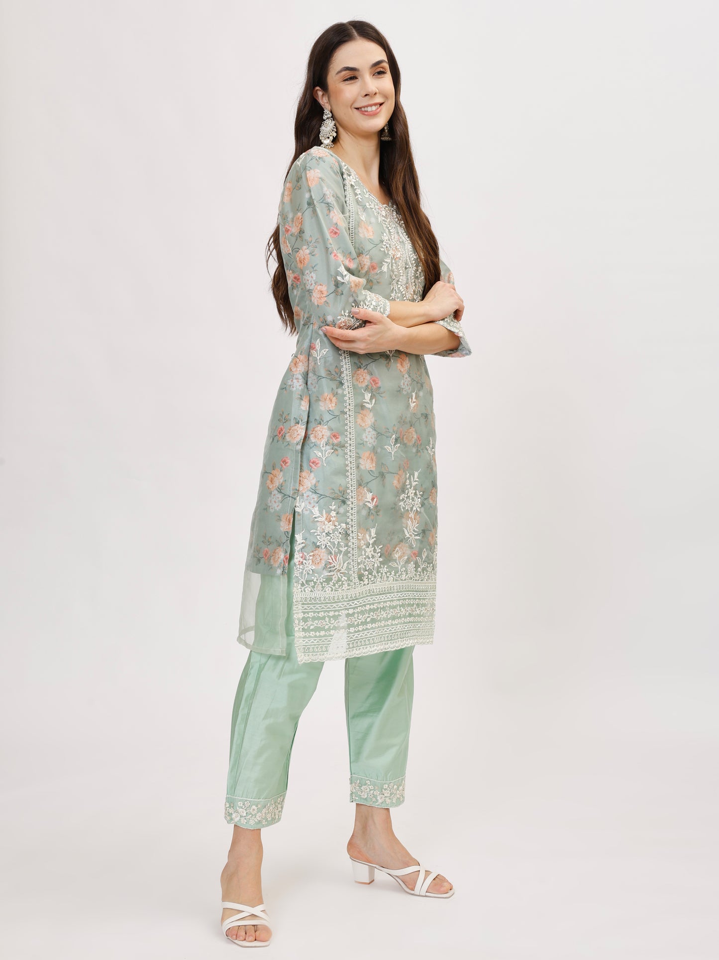 Designer organza fabric suit set with Hand Work Emboridery - Mint, TK125