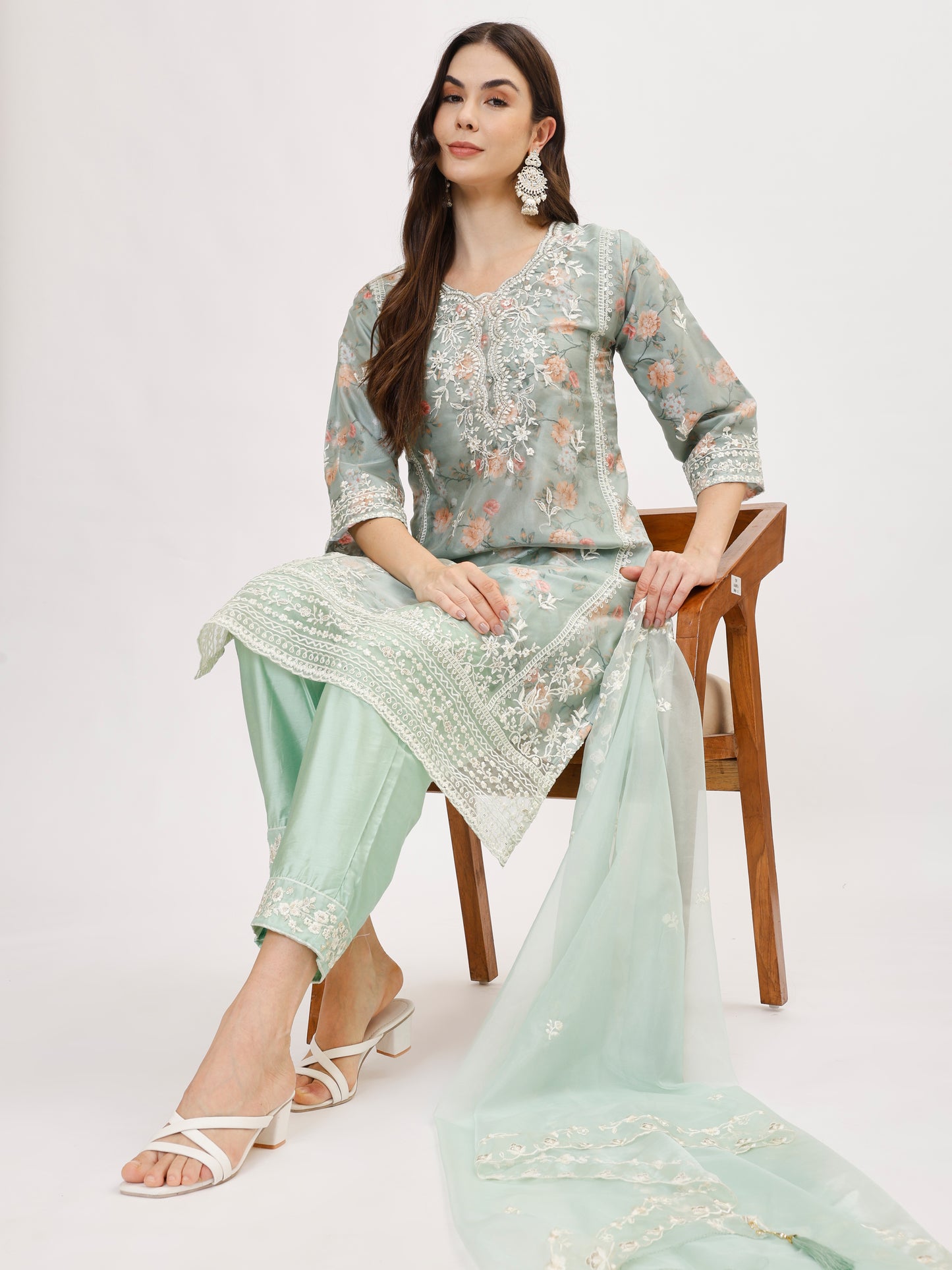 Designer organza fabric suit set with Hand Work Emboridery - Mint, TK125