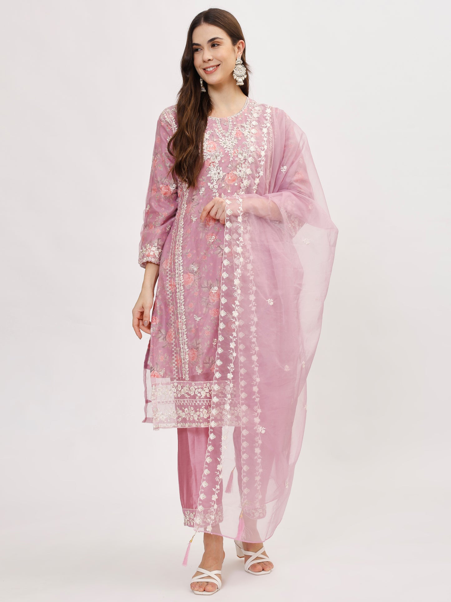 Designer organza fabric suit set with Hand Work Emboridery - Lilac, TK101