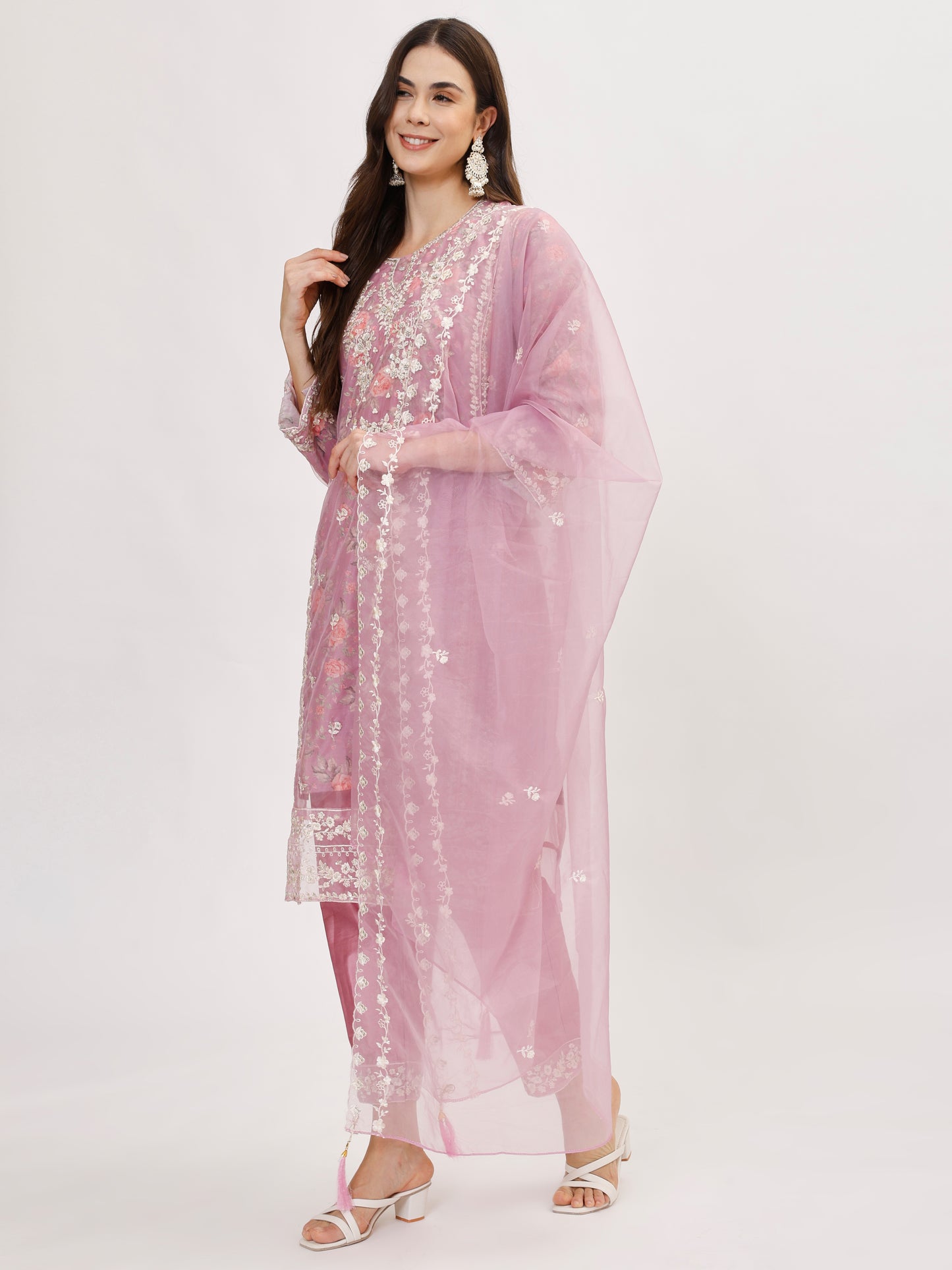 Designer organza fabric suit set with Hand Work Emboridery - Lilac, TK101