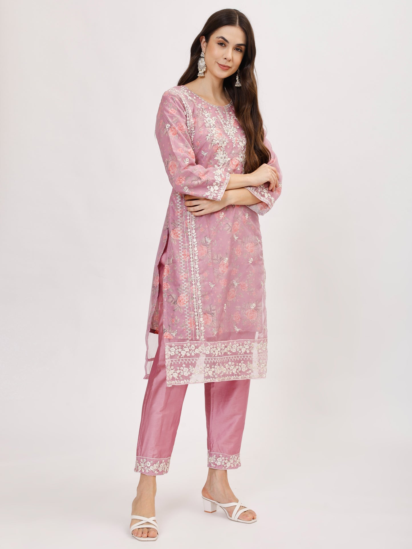 Designer organza fabric suit set with Hand Work Emboridery - Lilac, TK101