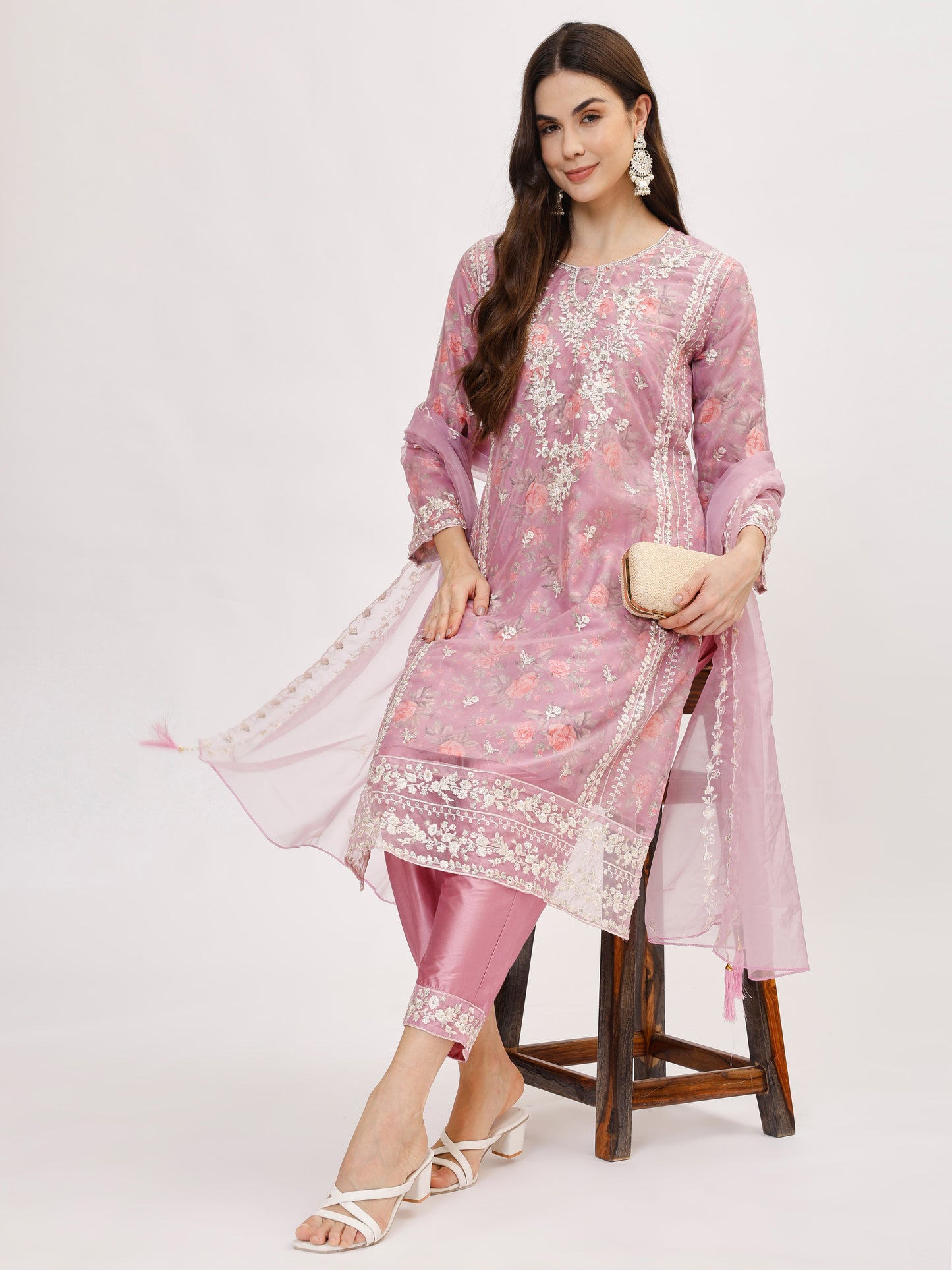 Designer organza fabric suit set with Hand Work Emboridery - Lilac, TK101