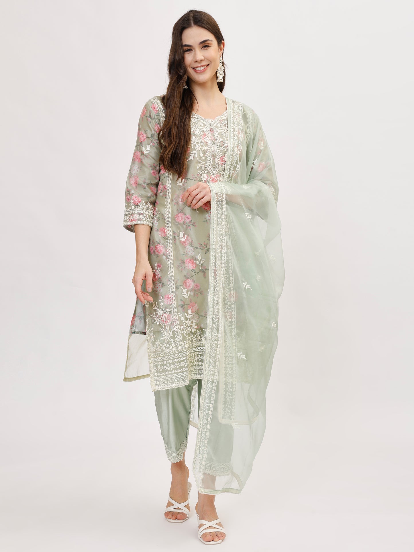 Designer organza fabric suit set with Hand Work Emboridery - Green, TK124