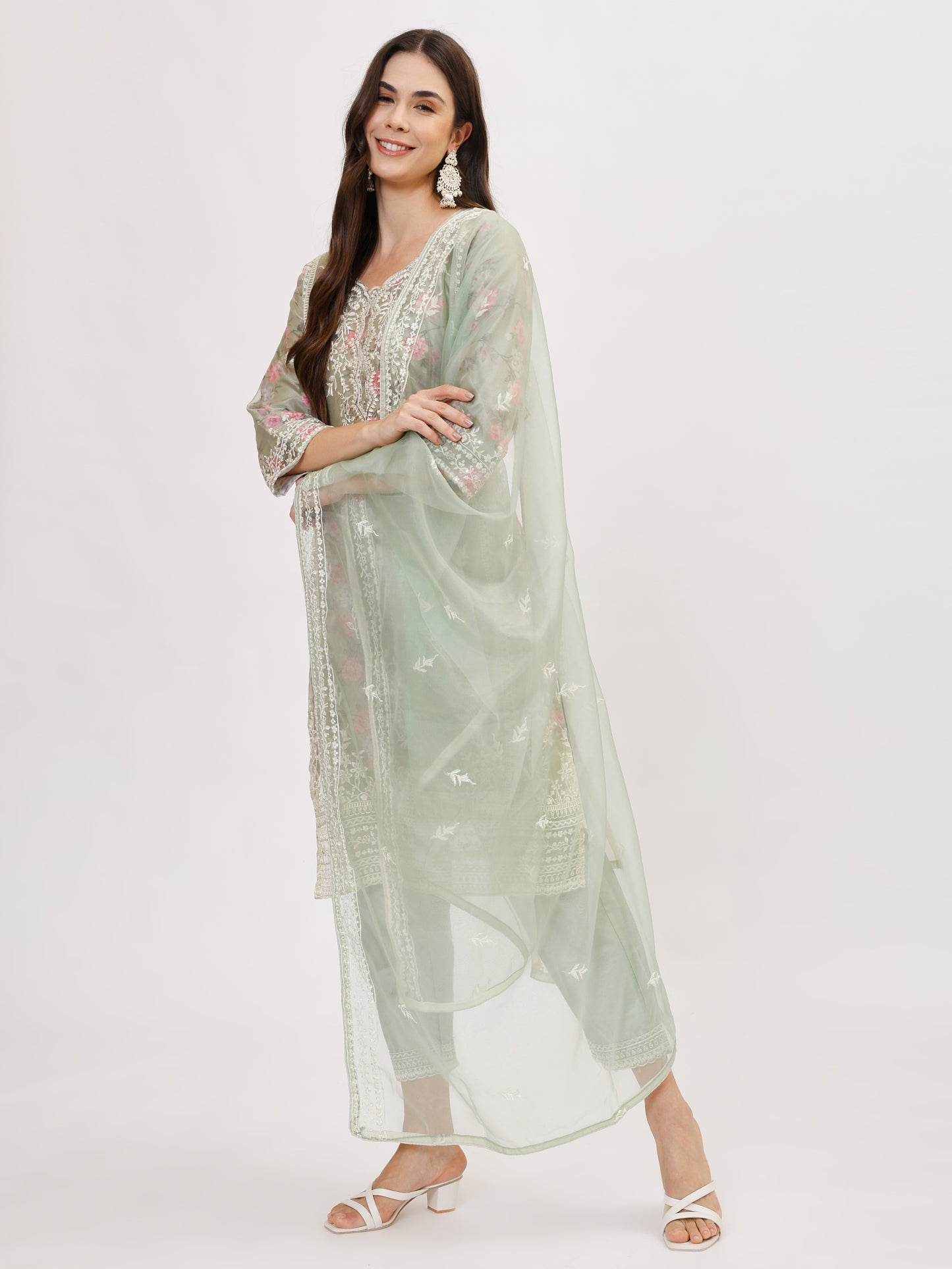 Designer organza fabric suit set with Hand Work Emboridery - Green, TK124