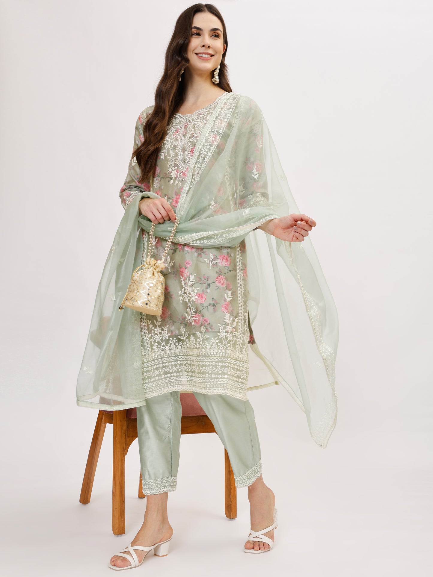 Designer organza fabric suit set with Hand Work Emboridery - Green, TK124