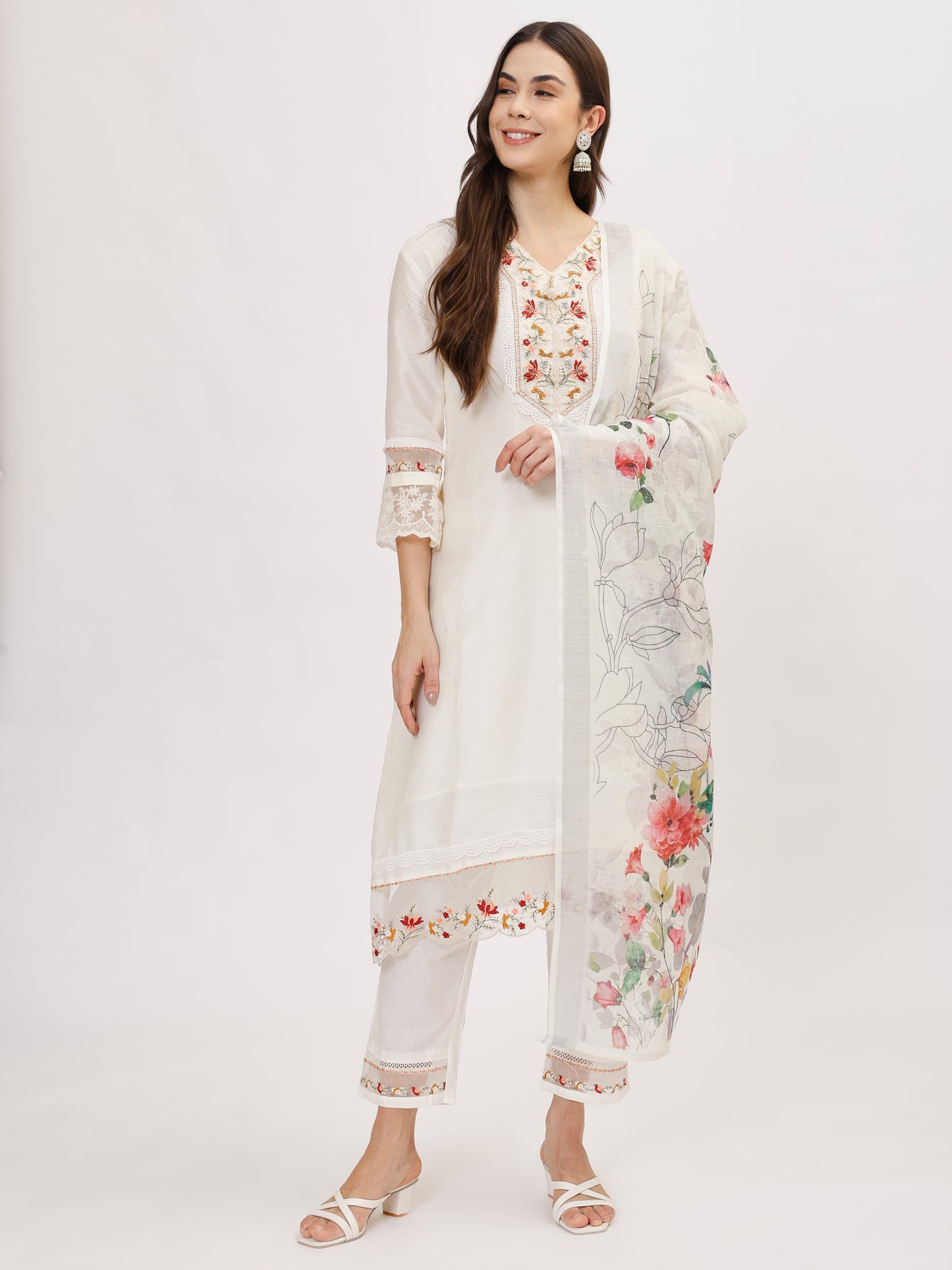 Designer Cambric Jacquard fabric suit set - White, TK118