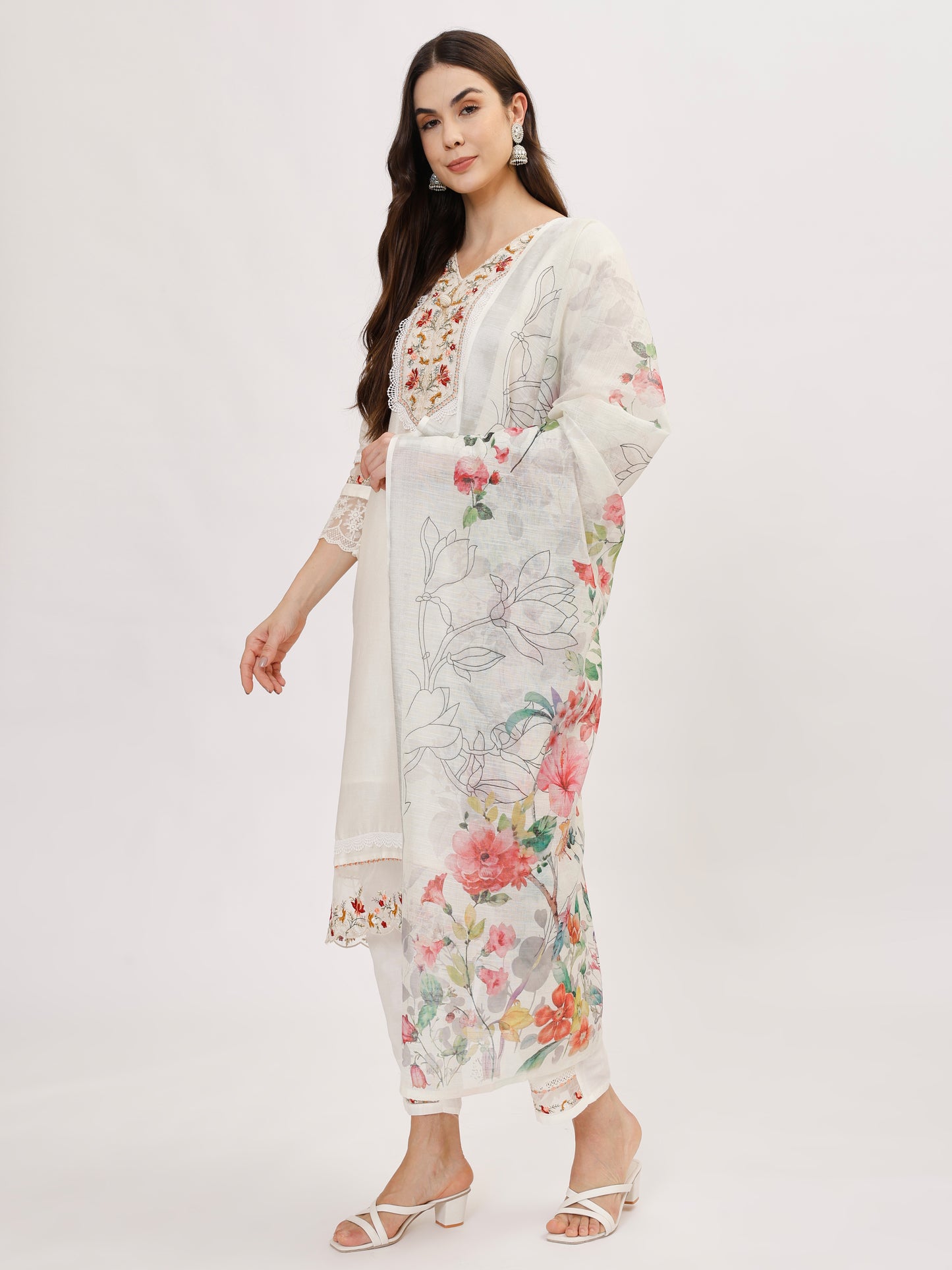 Designer Cambric Jacquard fabric suit set - White, TK118