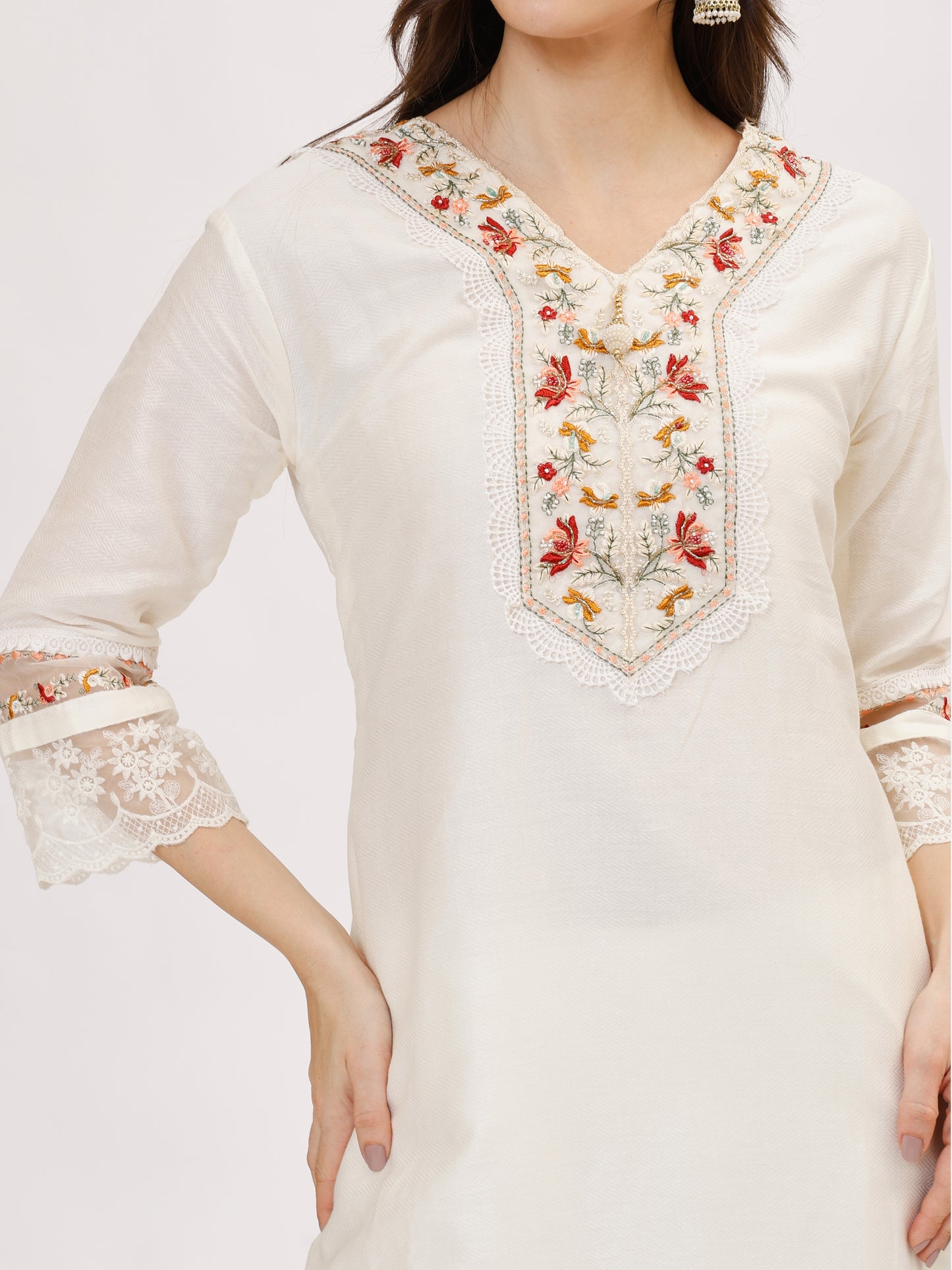 Designer Cambric Jacquard fabric suit set - White, TK118