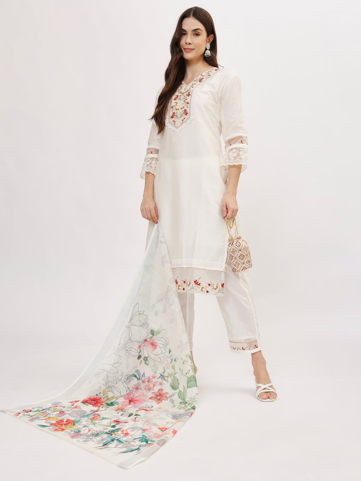 Designer Cambric Jacquard fabric suit set - White, TK118