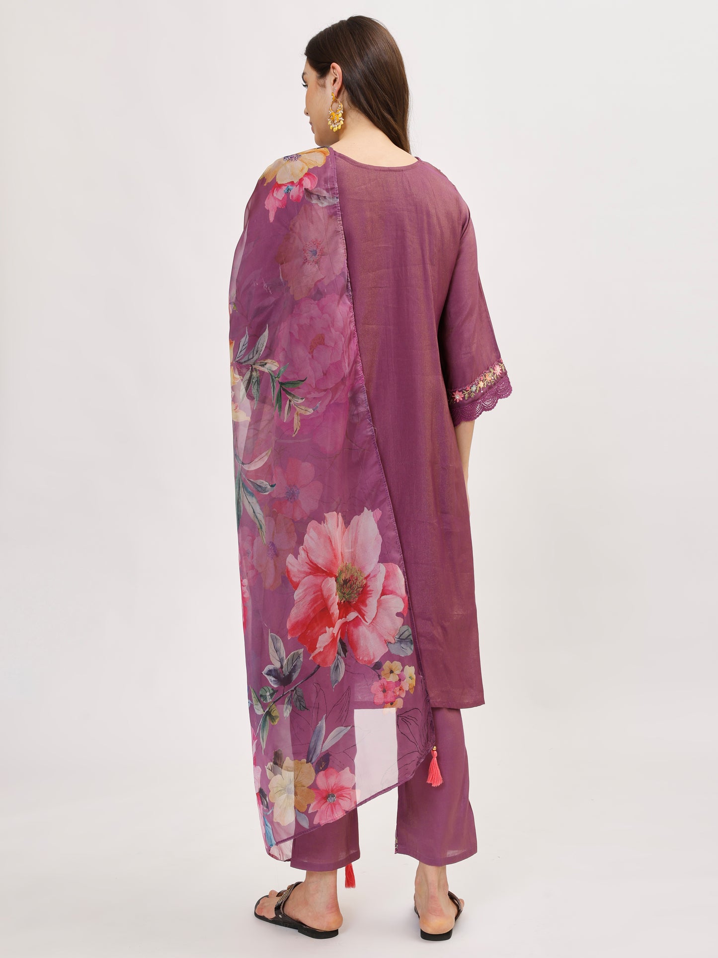 Premium Viscose silk fabric suit set with A line style - Purple, TK111