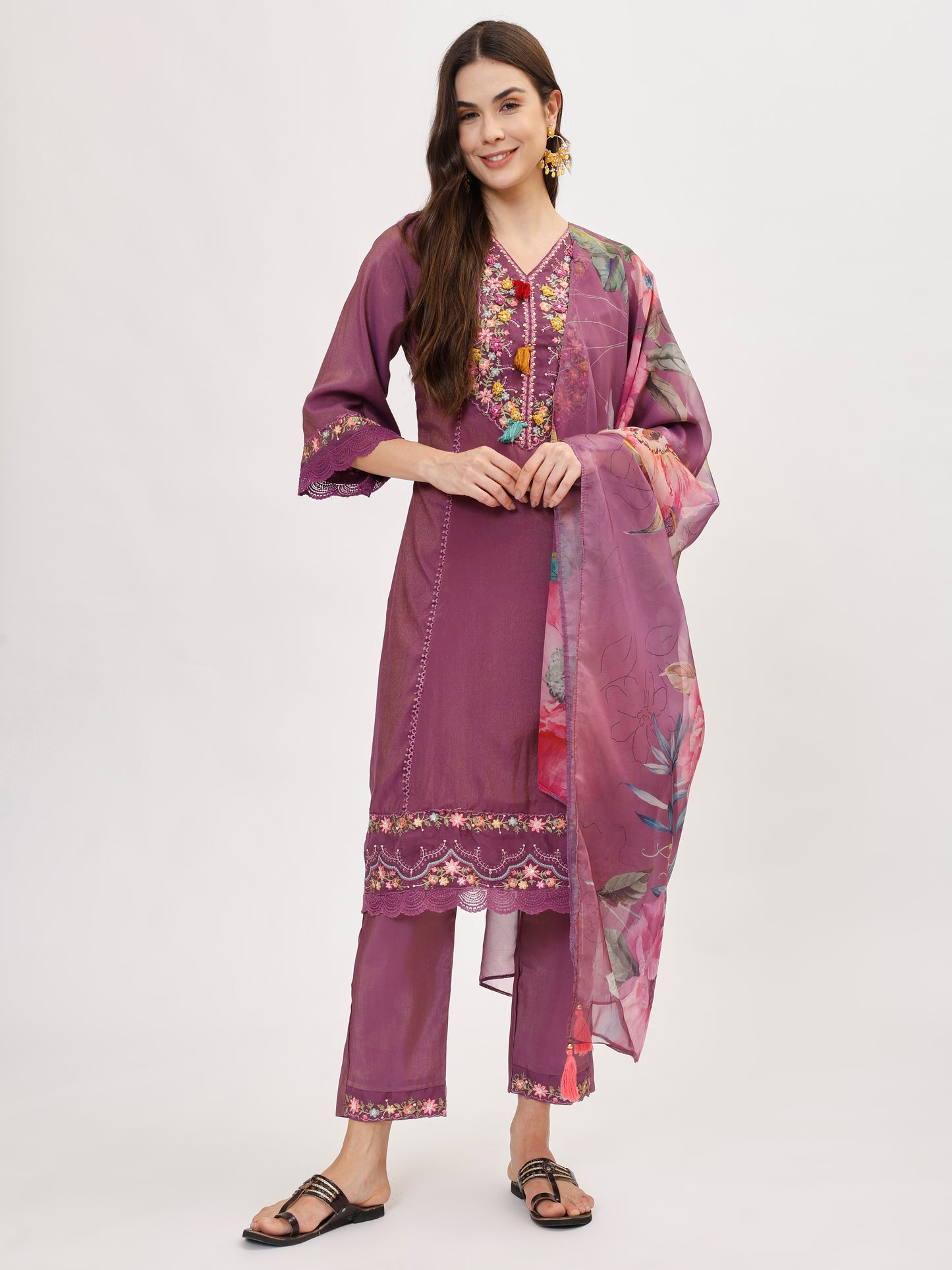 Premium Viscose silk fabric suit set with A line style - Purple, TK111