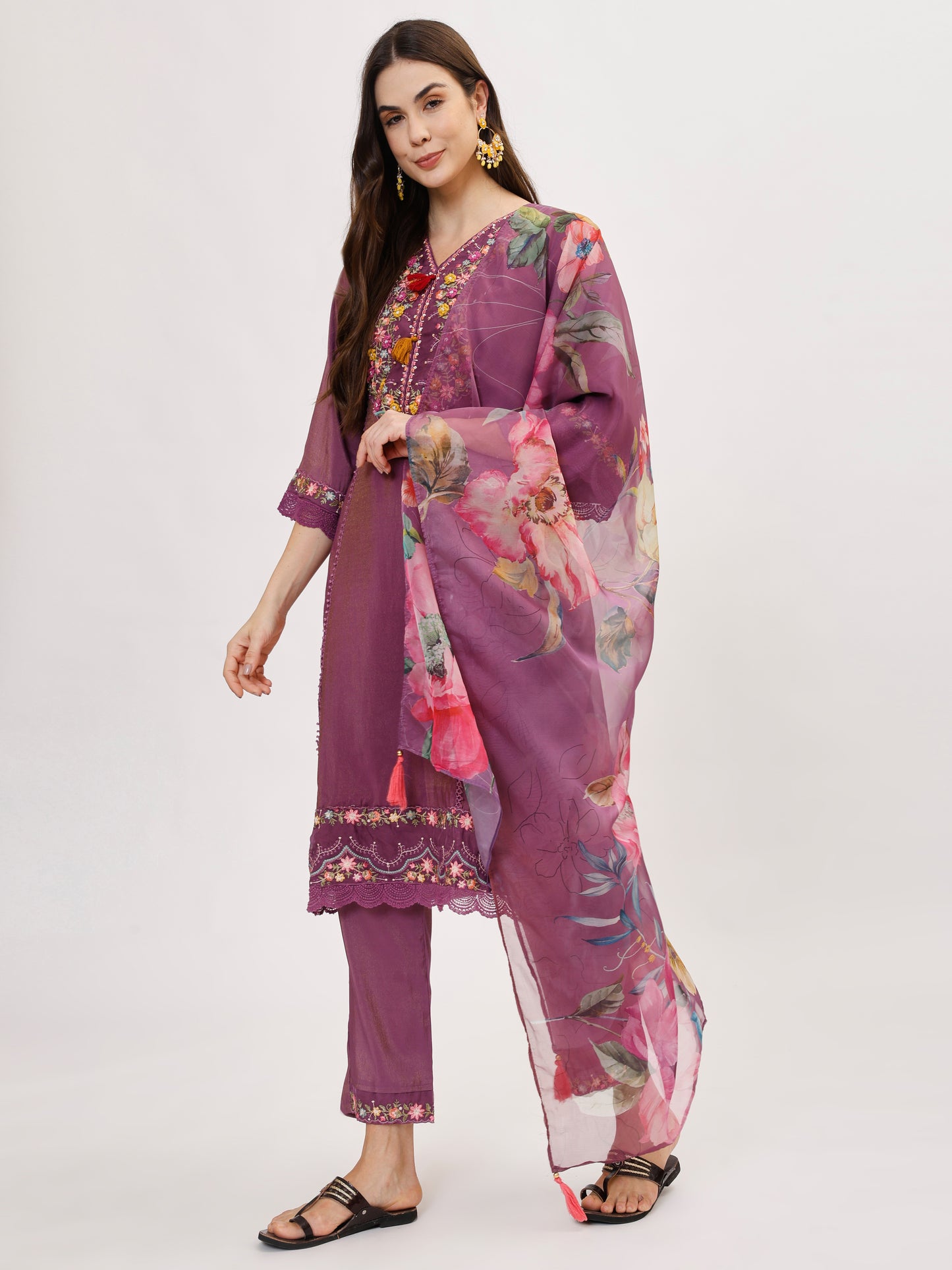 Premium Viscose silk fabric suit set with A line style - Purple, TK111