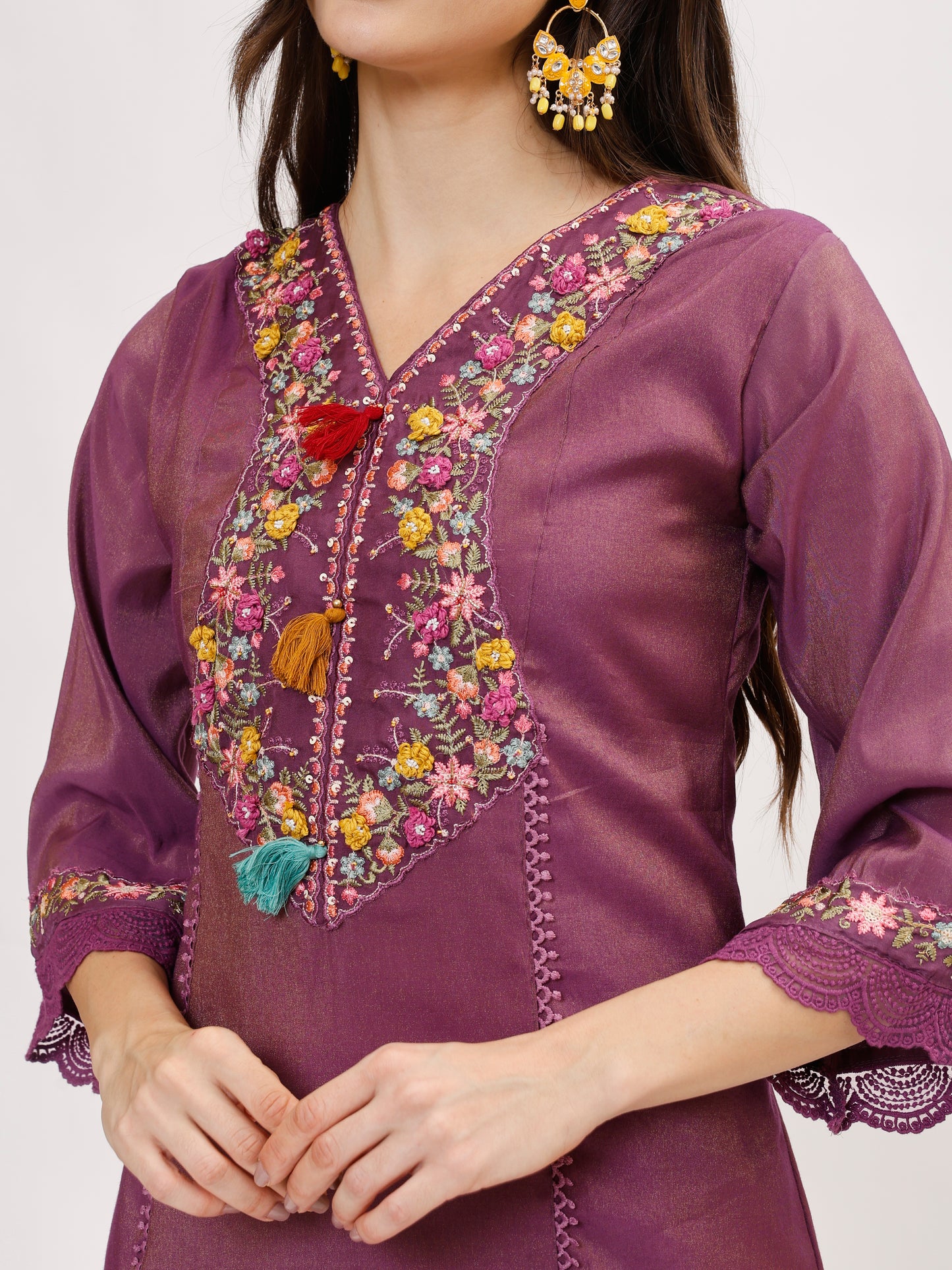 Premium Viscose silk fabric suit set with A line style - Purple, TK111