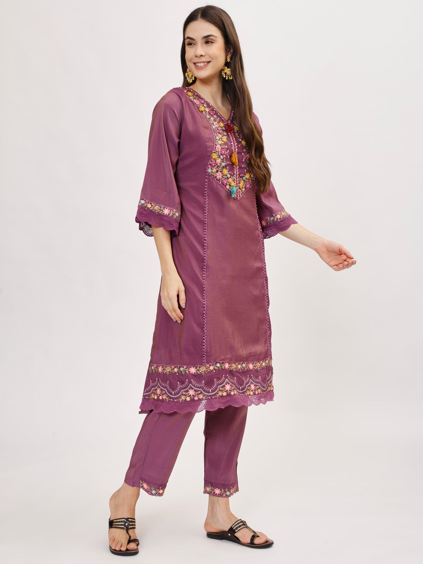 Premium Viscose silk fabric suit set with A line style - Purple, TK111