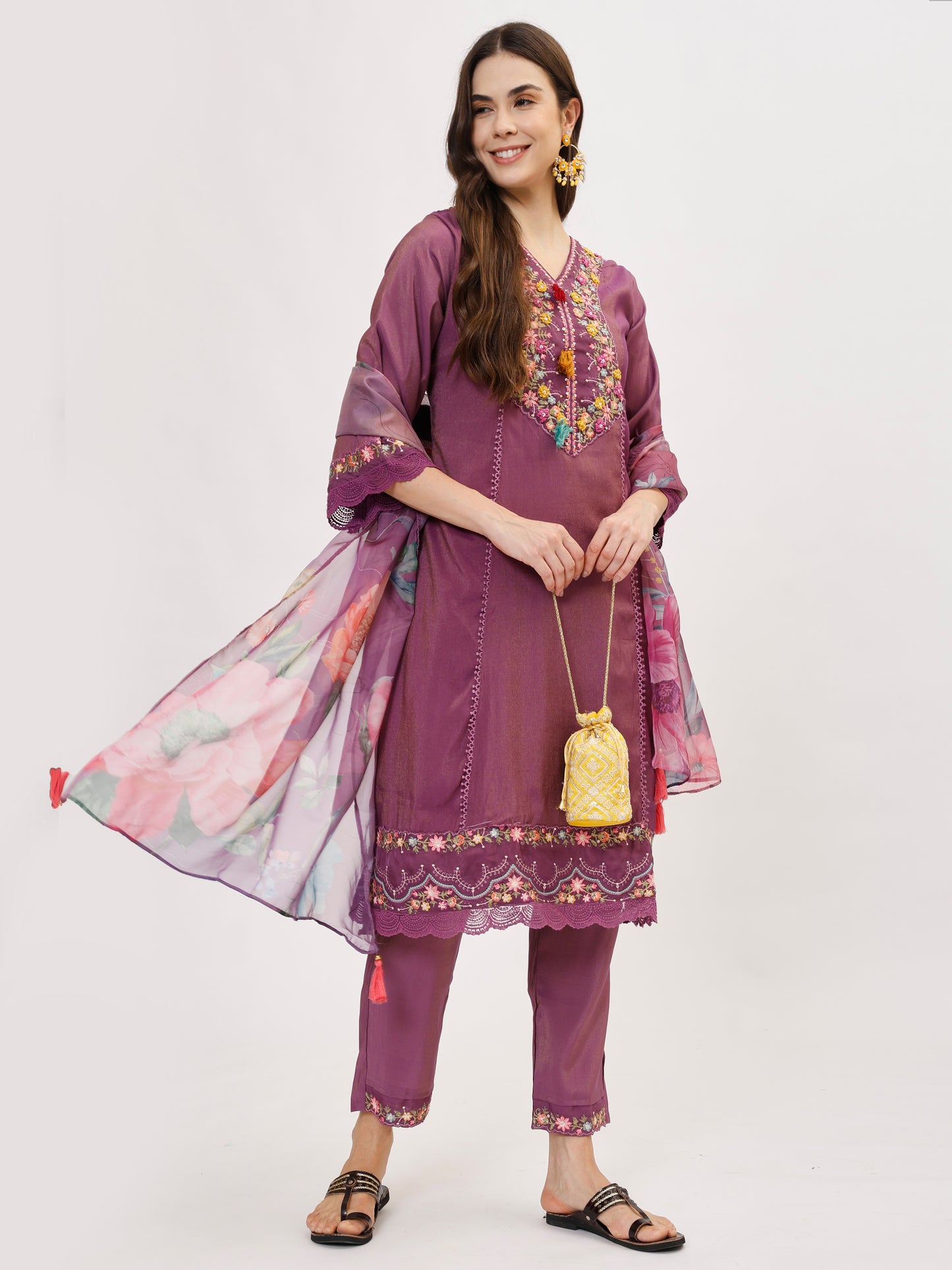 Premium Viscose silk fabric suit set with A line style - Purple, TK111