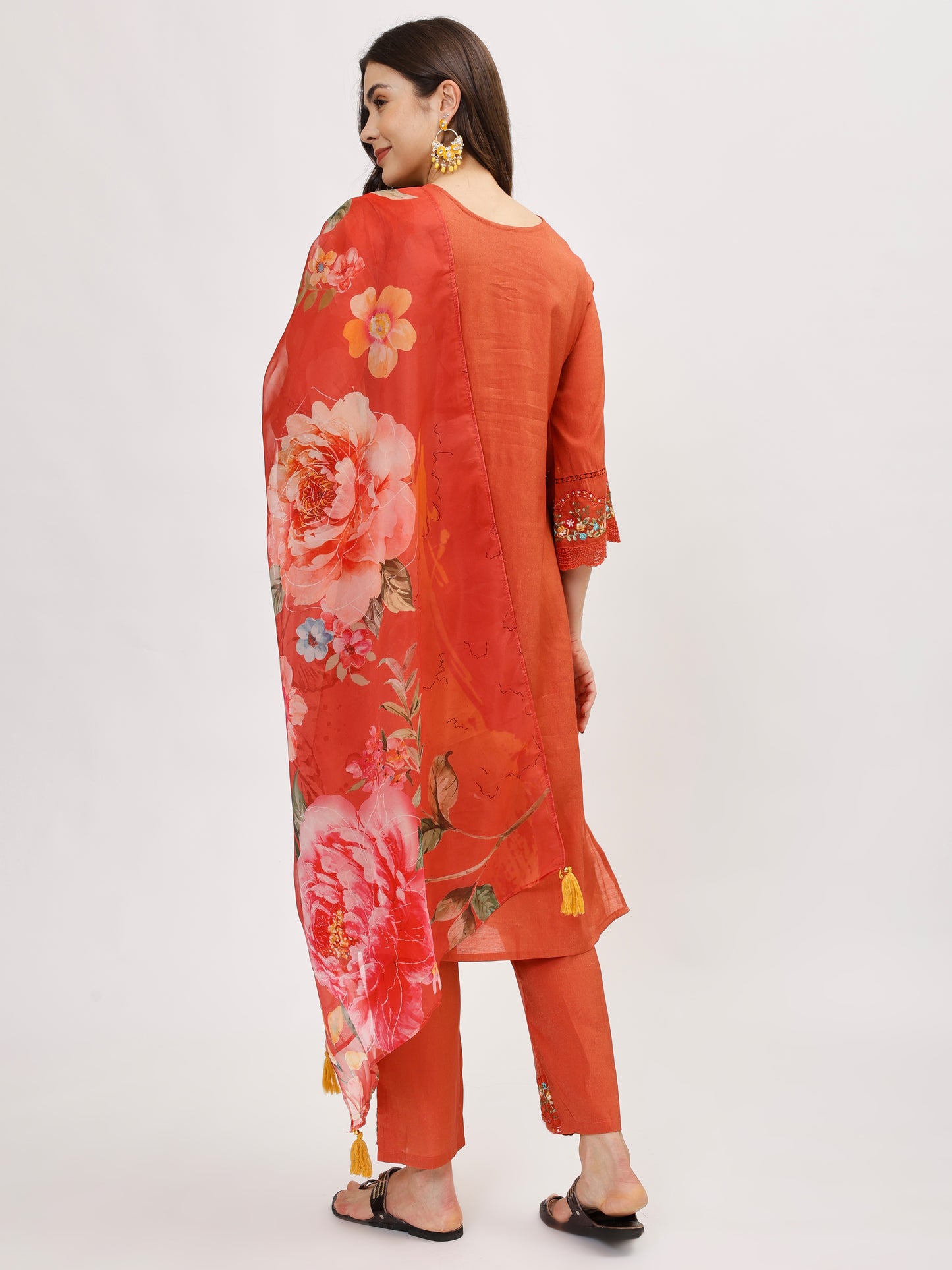 Premium Viscose silk fabric suit set with A line style - Rust, TK113