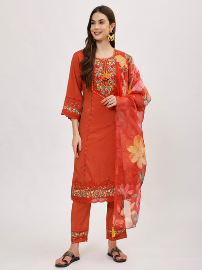Premium Viscose silk fabric suit set with A line style - Rust, TK113