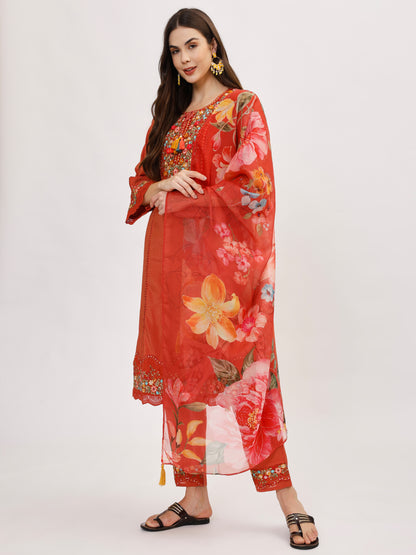 Premium Viscose silk fabric suit set with A line style - Rust, TK113