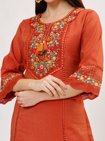 Premium Viscose silk fabric suit set with A line style - Rust, TK113
