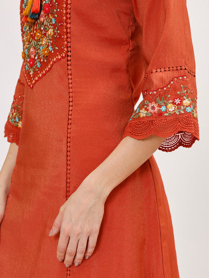 Premium Viscose silk fabric suit set with A line style - Rust, TK113